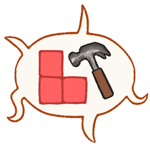 A drawing of a speech bubble with multiple tails leading to the edge of the drawing. Inside the speech bubble are three pink boxes in a pile with a metallic-shaded hammer next to them